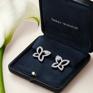 Harry Winston White Gold Diamond Butterfly Stud Earrings - Sparkling Silver Tone